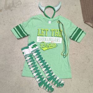 St Patrick's day fun, shenanigans t-shirt, beads, horns and knee socks, Irish